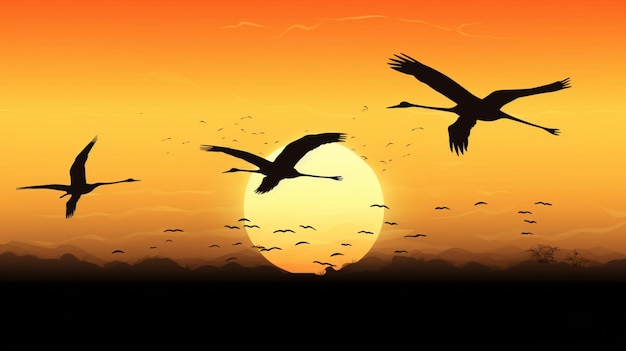 Vecteur des oiseaux volant dans le ciel au coucher du soleil avec un fond de coucher de soleil