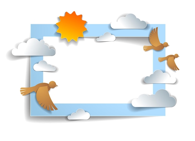 Les Oiseaux Volent Parmi De Beaux Nuages Et Le Soleil Dans Le Ciel, L'arrière-plan Ou Le Cadre Avec Un Espace De Copie Pour Le Texte, La Facilité D'été Et Le Sentiment Paisible, Illustration Vectorielle Dans Le Style Des Enfants Découpés En Papier.