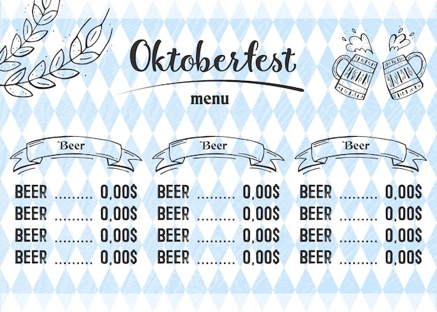 Oktoberfest 2022 - Fête De La Bière. éléments De Griffonnage Dessinés à La Main. Fête Traditionnelle Allemande. Fête D'octobre, Bière Artisanale. Losange Bleu-blanc. Menu De Bière Horizontale.