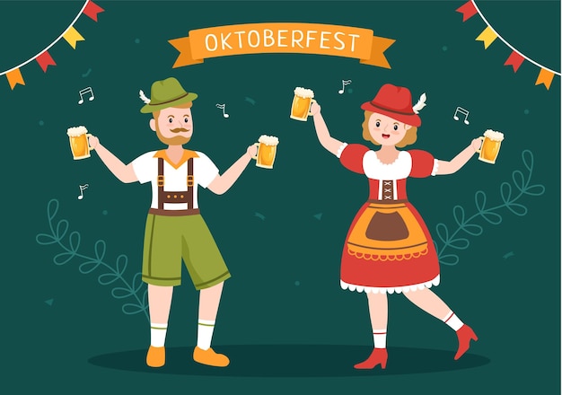 Oktoberfest Beer Festival Cartoon Illustration En Allemand Traditionnel Dans Un Style Plat