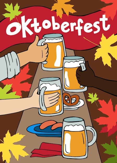 Oktoberfest. Les Gens Tintent Des Chopes à Bière à Une Table Avec De La Nourriture Allemande Traditionnelle Et Des Feuilles D'érable. Carte