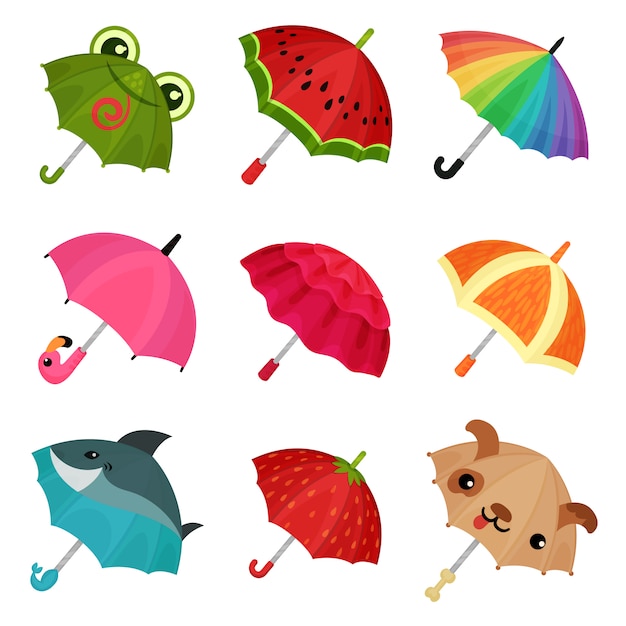 Ollection de mignons parapluies colorés Illustration sur fond blanc