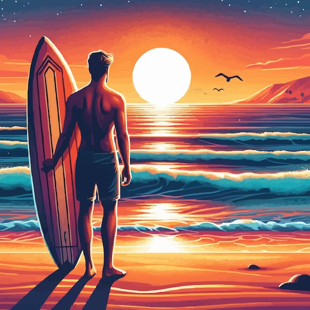 L'ombre vectorielle libre L'homme tient une planche de surf Le paysage du coucher de soleil de la plage