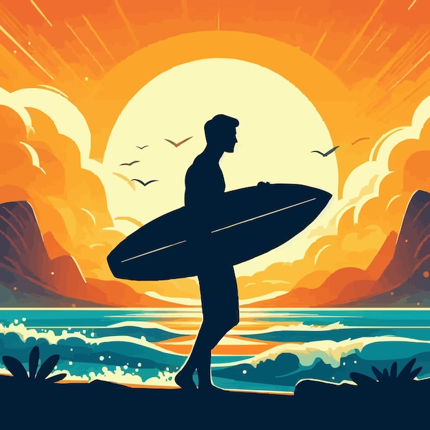 Vecteur l'ombre vectorielle libre l'homme tient une planche de surf le paysage du coucher de soleil de la plage