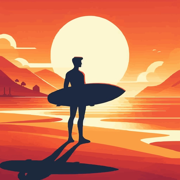 L'ombre Vectorielle Libre L'homme Tient Une Planche De Surf Le Paysage Du Coucher De Soleil De La Plage