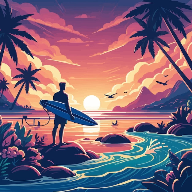 Vecteur l'ombre vectorielle libre l'homme tient une planche de surf le paysage du coucher de soleil de la plage