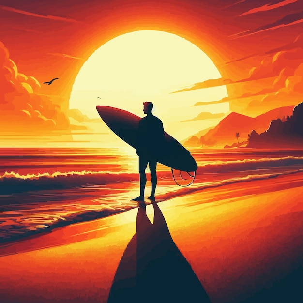 L'ombre Vectorielle Libre L'homme Tient Une Planche De Surf Le Paysage Du Coucher De Soleil De La Plage