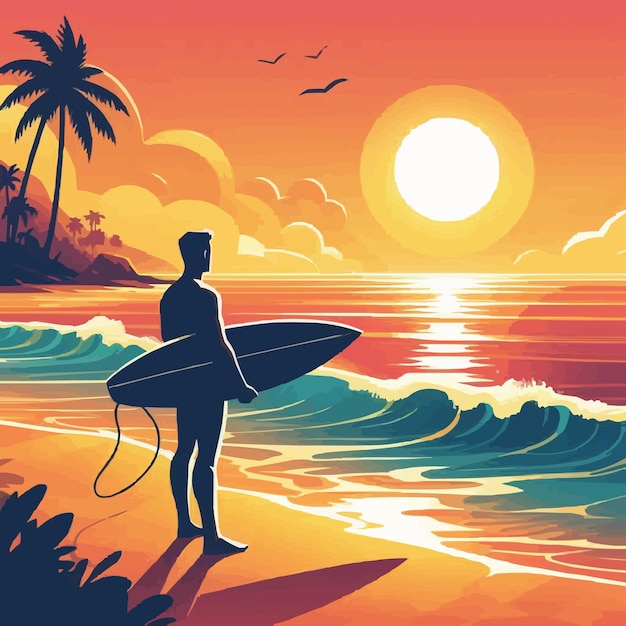 L'ombre Vectorielle Libre L'homme Tient Une Planche De Surf Le Paysage Du Coucher De Soleil De La Plage