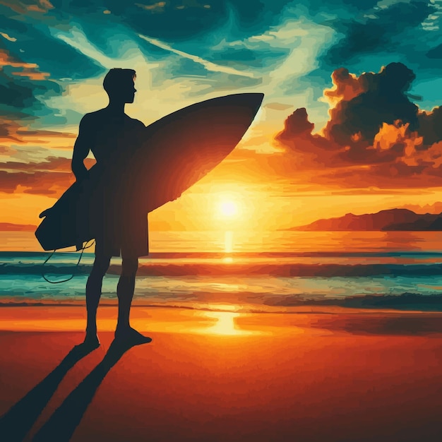 L'ombre Vectorielle Libre L'homme Tient Une Planche De Surf Le Paysage Du Coucher De Soleil De La Plage