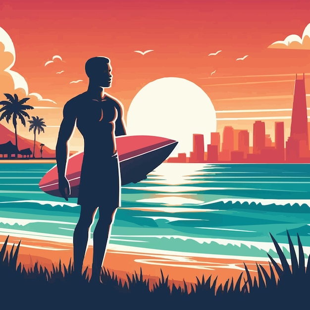 Vecteur l'ombre vectorielle libre l'homme tient une planche de surf le paysage du coucher de soleil de la plage