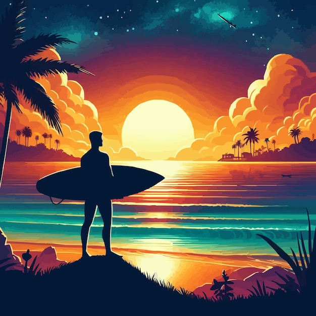 L'ombre Vectorielle Libre L'homme Tient Une Planche De Surf Le Paysage Du Coucher De Soleil De La Plage