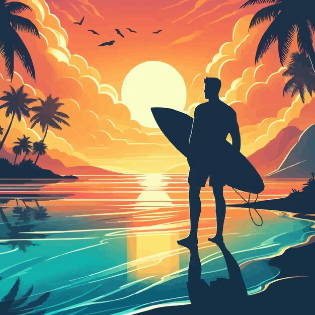 Vecteur l'ombre vectorielle libre l'homme tient une planche de surf le paysage du coucher de soleil de la plage