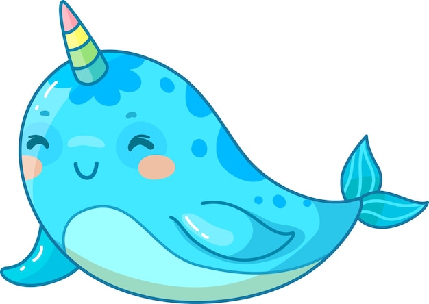 On voit un narval bleu joyeux avec une corne colorée nager en jouant dans un océan lumineux. Son expression joyeuse ajoute du charme à la scène sous-marine.