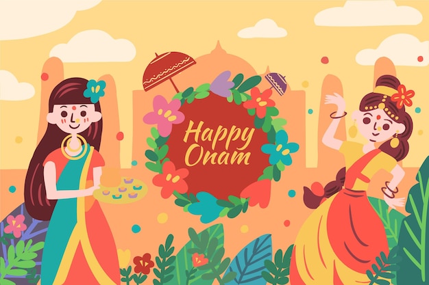 Onam heureux avec des femmes et des fleurs