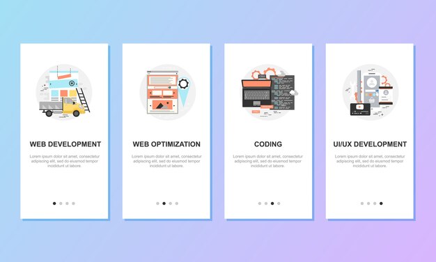 Onboarding écrans pour le concept de modèles d'applications mobiles. Illustration vectorielle