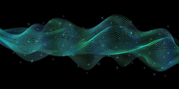 Ondes abstraites vertes et bleues sur fond noir Ondes lumineuses avec illustration vectorielle de poussière d'étoiles