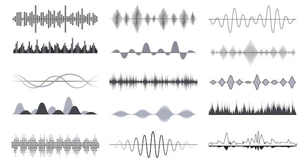 Les ondes de musique radio conçoivent des signaux audio analogiques, des vibrations d'ondes musicales de piste ou de son, une reconnaissance vocale, des symboles vectoriels numériques monochromes décents.