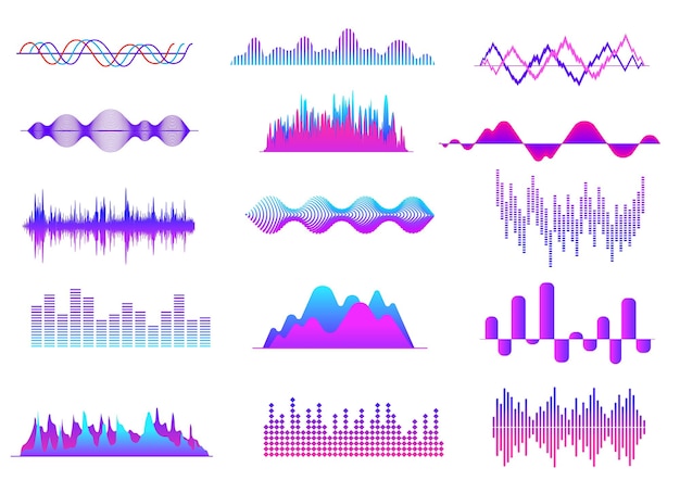 Vecteur ondes sonores couleur musique vague audio tune forme d'onde impulsion courbes de bande son vocale radio ensemble vectoriel de signaux de volume abstrait soundwave illustration courbe de fréquence des ondes sonores et de la bande sonore