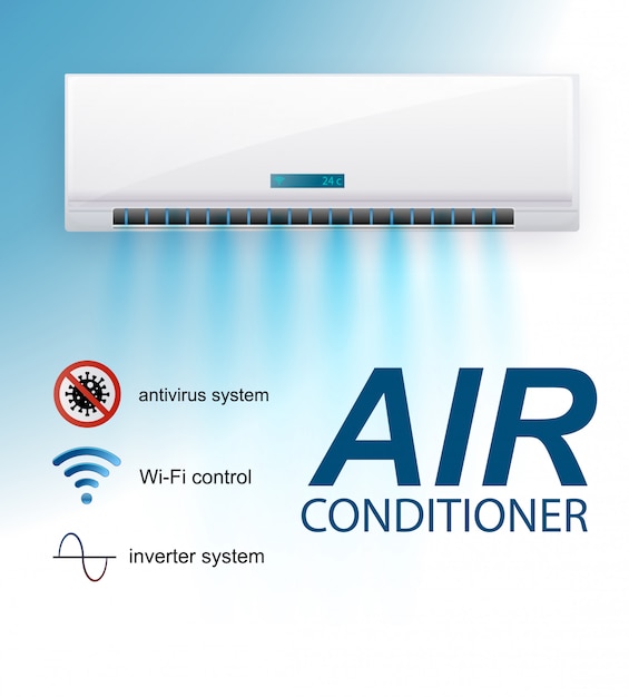 Vecteur onduleur de climatiseur split system. conditionnement réaliste avec contrôle wifi sur internet et fonctionnalités antivirus et télécommande. système de contrôle climatique illustration