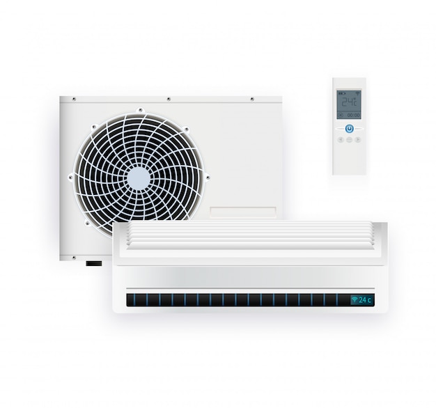 Onduleur de climatiseur split system. Système de contrôle du climat frais et froid. Conditionnement réaliste avec télécommande. illustration