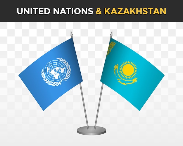 Vecteur onu nations unies vs kazakhstan drapeaux de bureau maquette isolé 3d drapeaux de table d'illustration vectorielle