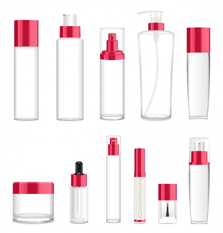 Onze bouteilles cosmétiques différentes transparentes. Place pour le texte.