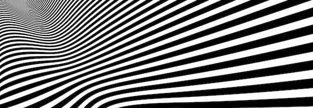 Vecteur op art perspective déformée lignes noires et blanches en mouvement 3d fond vectoriel abstrait illusion optique motif linéaire fou illustration psychédélique artistique