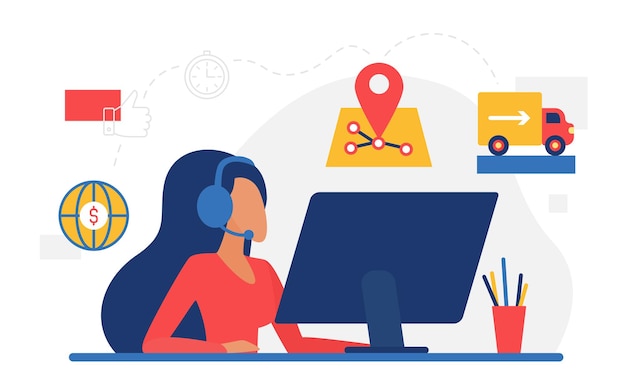 Opérateur de concept de commerce d'expédition de service de livraison avec casque d'écoute fonctionnant