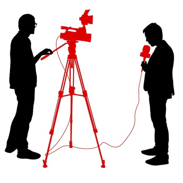 Vecteur l'opérateur de la silhouette enlève le journaliste avec le microphone sur un fond blanc