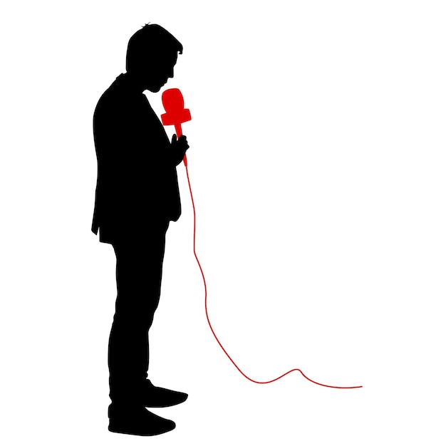 L'opérateur De La Silhouette Enlève Le Journaliste Avec Le Microphone Sur Un Fond Blanc