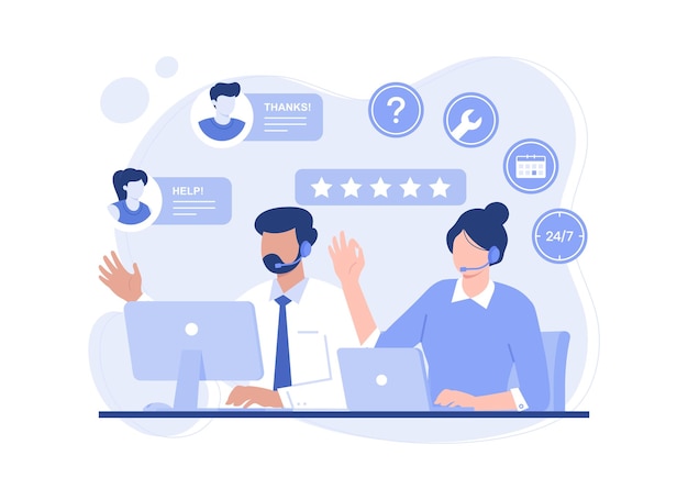 Les opérateurs de la hotline du service client consultent les clients du centre d'appels Illustration vectorielle moderne à plat