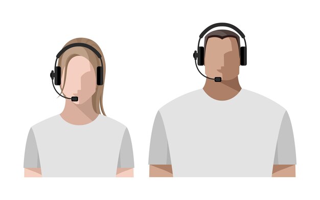 Vecteur les opérateurs sont de jeunes hommes et femmes en ligne portant des écouteurs avec un casque micro