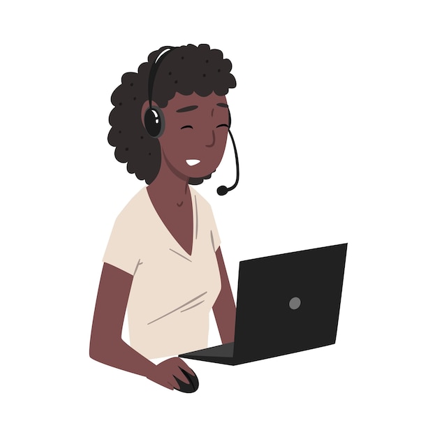 Vecteur operatrice de centre d'appels afro-américaine femme assistant de service de support client en ligne avec