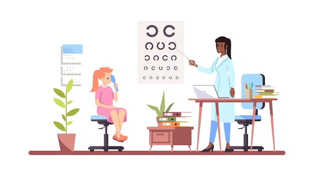 Ophtalmologiste examinant l'illustration vectorielle plane de la vue. Médecin professionnel et patients isolés personnages de dessins animés sur fond blanc. Oculiste faisant la vision, test de la vue. Contrôle médical. Santé des yeux