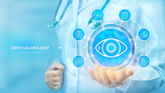 Ophthalmologie Consultation d'un ophtalmologiste Examen oculaire Chirurgie au laser Docteur tenant l'icône de l'œil dans la main