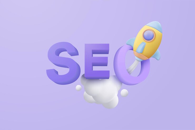 Optimisation du référencement 3D avec fusée pour le marketing du concept de médias sociaux Interface pour la stratégie d'analyse Web et la planification de la recherche sur fond violet Icône de vecteur de stratégie de référencement 3d illustration de rendu