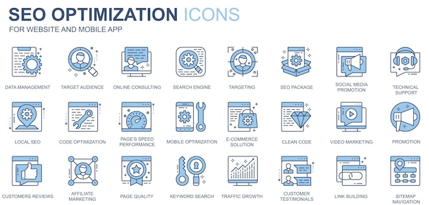 Optimisation SEO icônes Web définies dans la conception de la ligne duotone Pack de gestion de données public cible consultation en ligne moteur de recherche médias sociaux autres pictogrammes de contour illustration vectorielle