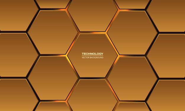 Or 3d technologie hexagonale vecteur abstrait. L'énergie lumineuse jaune clignote sous l'hexagone dans l'illustration vectorielle de fond futuriste de la technologie moderne. Grille de texture en nid d'abeille orange.