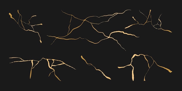 L'or kintsugi vecteur de fissure éléments isolés sur fond blanc texture dorée sol cassé