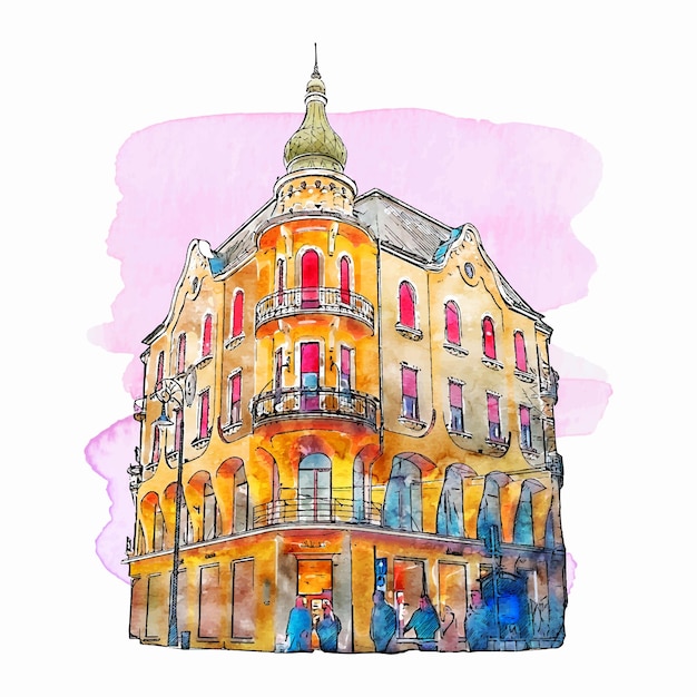 Oradea Roumanie Aquarelle Illustration Dessinée à La Main Isolée Sur Fond Blanc