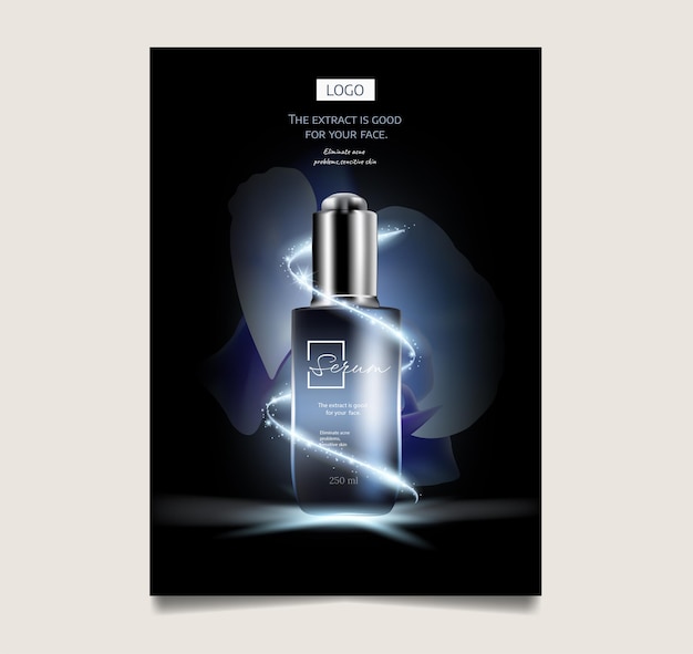 Vecteur orchidée bleue et gouttelettes d'annonces cosmétiques pour les soins de la peau et bouteille 3d dans la mer bleue avec une lumière éclatée en 3d