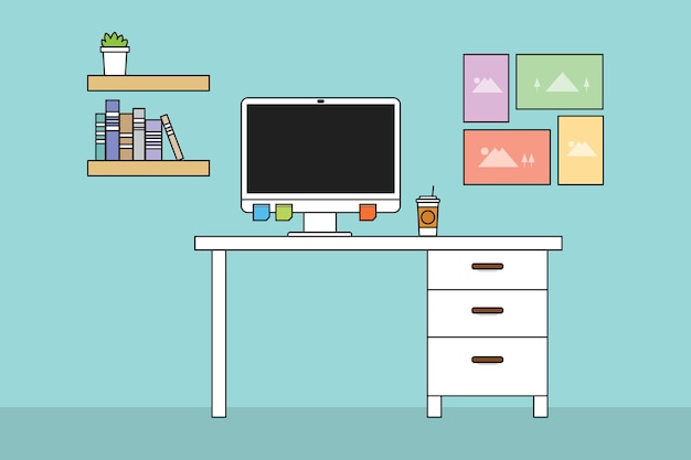 Ordinateur de bureau avec table et bureau et couleur lisse minimaliste