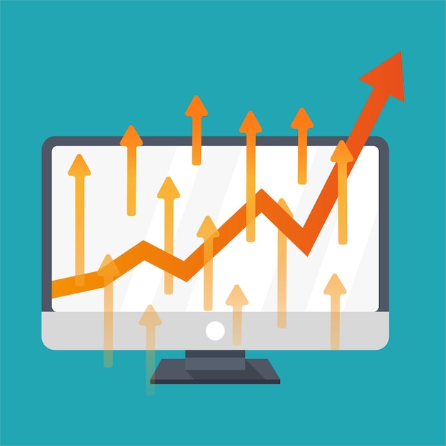 Ordinateur Avec Flèche Rouge Qui Monte Sur Le Concept De Vente De Marché Boursier Mobile Fond Cercle Bleu