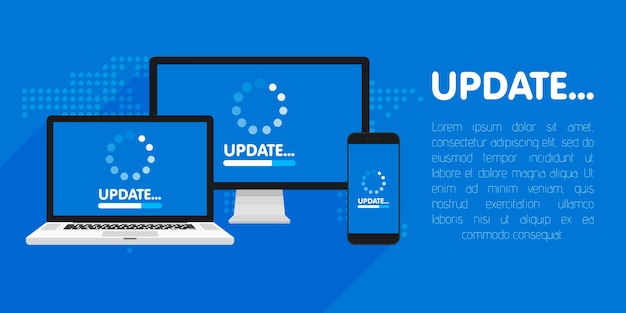 Ordinateur, ordinateur portable et smartphone avec écran de processus de mise à jour. Installez un nouveau logiciel, le support du système d'exploitation. illustration.