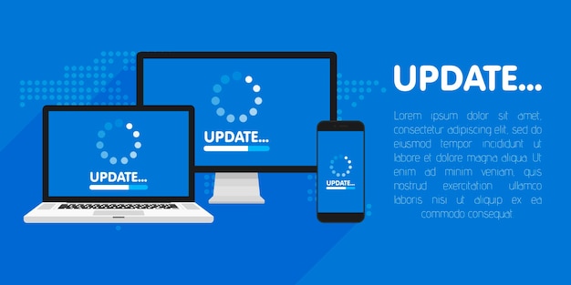 Ordinateur, Ordinateur Portable Et Smartphone Avec écran De Processus De Mise à Jour. Installez Un Nouveau Logiciel, Le Support Du Système D'exploitation. Illustration.