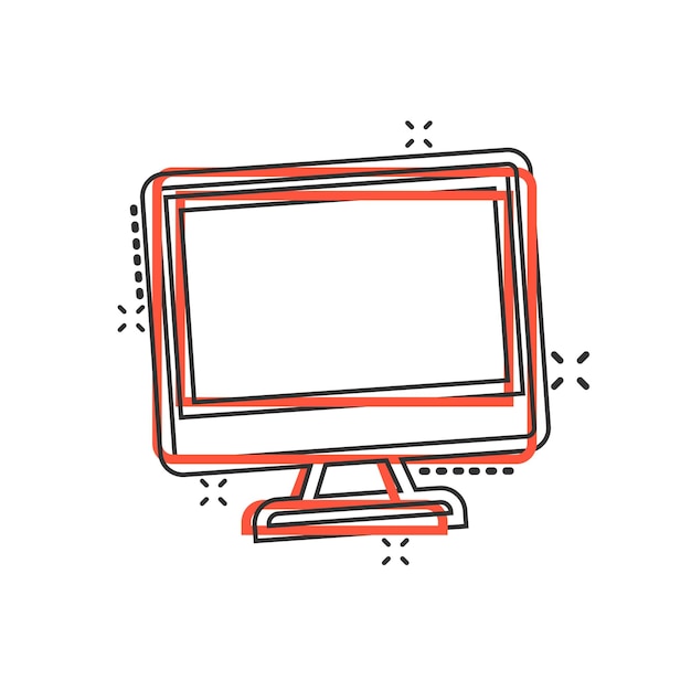 Vecteur ordinateur personnel dans le style de bande dessinée pc de bureau illustration vectorielle de dessin animé sur un fond isolé écran de moniteur effet d'éclaboussure signe concept d'entreprise