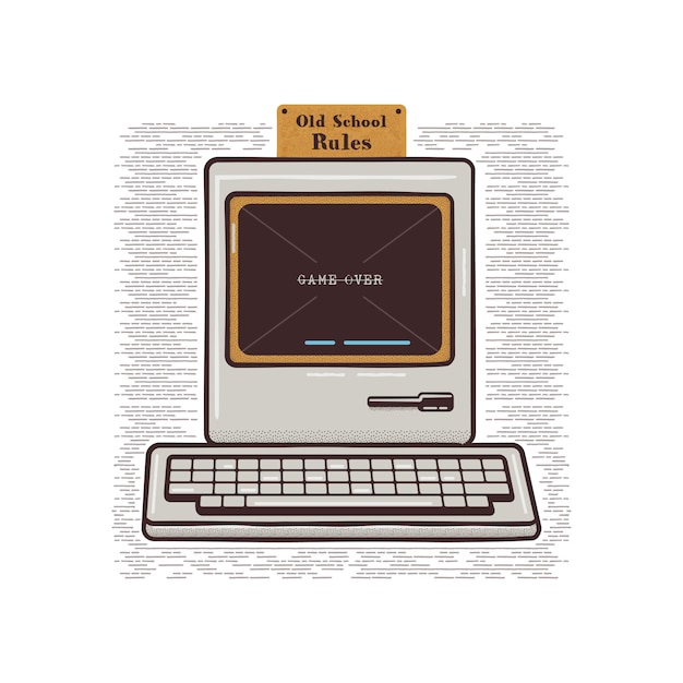 Vecteur ordinateur personnel dessiné à la main vintage avec clavier. vieux pc classique avec signe - old school rules.