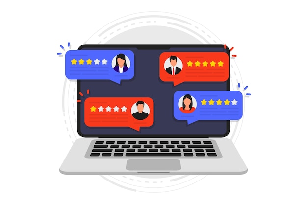 Ordinateur portable avec avis d'utilisateurs Note d'évaluation ou commentaires Avis d'utilisateurs avec une bonne et une mauvaise note sur l'écran de l'ordinateur Messages d'avis des clients Évaluation de l'expérience des commentaires des clients Note de satisfaction