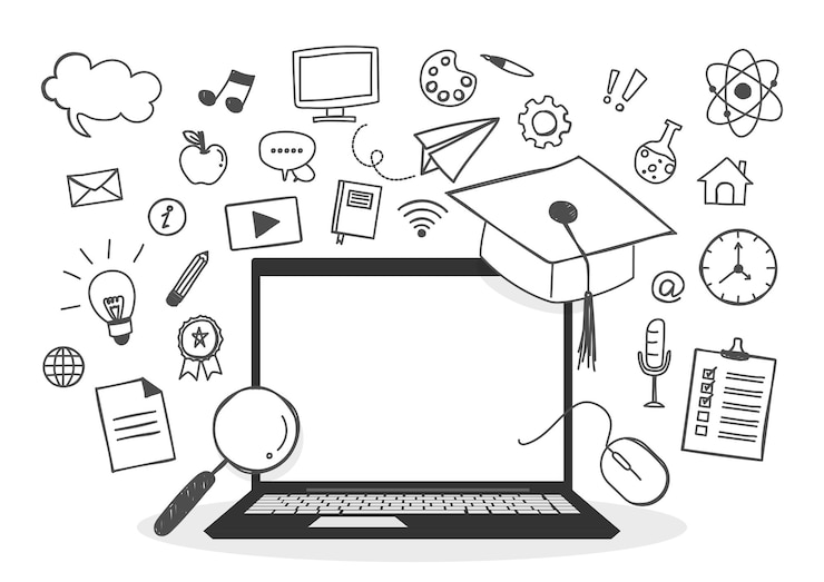 Vecteur ordinateur portable de bannière d'éducation en ligne de dessin animé avec des éléments d'apprentissage dessinés à la main