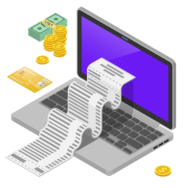 Vecteur ordinateur portable avec chèques de cartes de crédit et argent achats sur internet et paiements électroniques en ligne